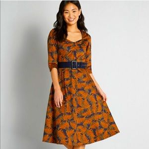 Modcloth deep blue & pumpkin fit n flare dress